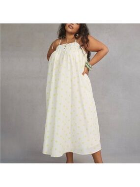 WHIT Two Cream anthropologie Midi Dress with Yellow Polka Dots size LP